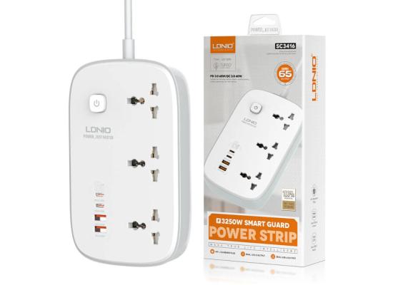 LDNIO SC3416 65W Power Strip with 3 Universal Outlets 4 USB Port Socket Power Socket with 2M Bold Extension Cord Surge Protector - White